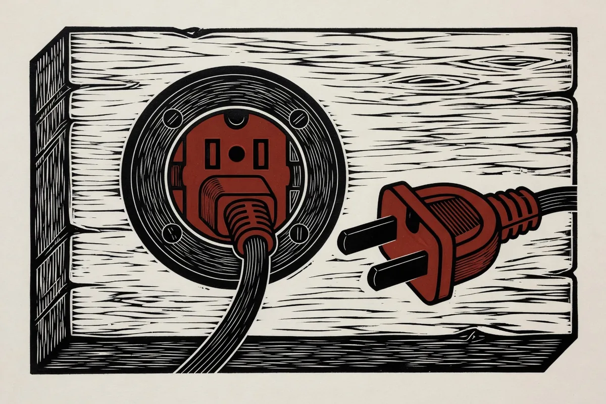 Linogravure : une fiche est engagée dans une prise de bois, une seconde fiche identique attend à côté.