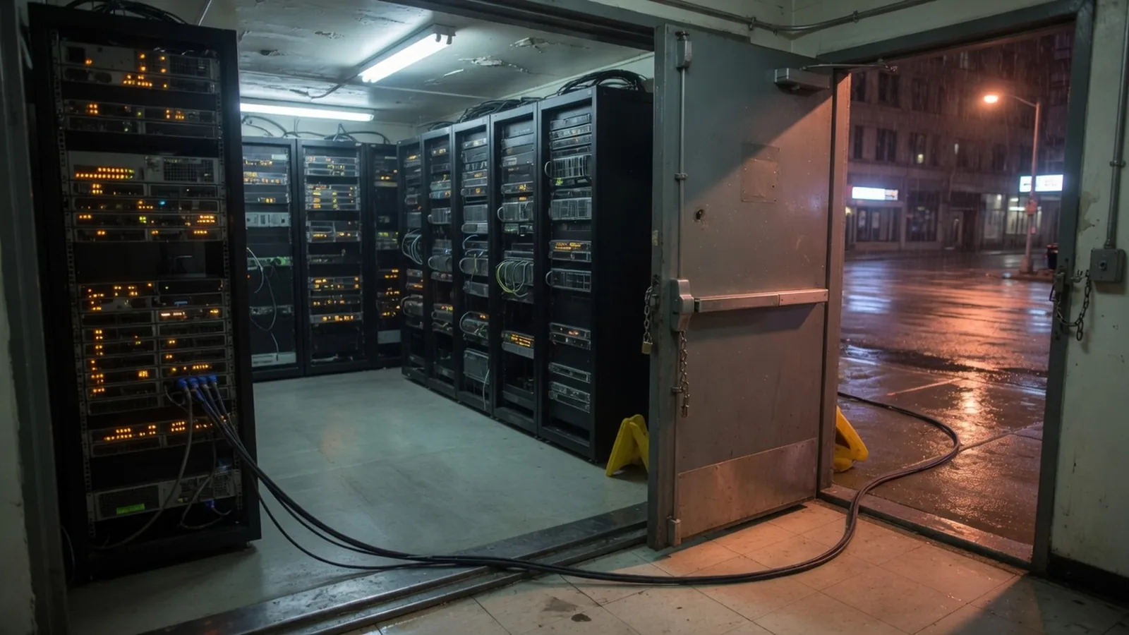 Une salle de serveurs la nuit, la porte métallique ouverte sur une rue mouillée, des câbles qui franchissent le seuil.