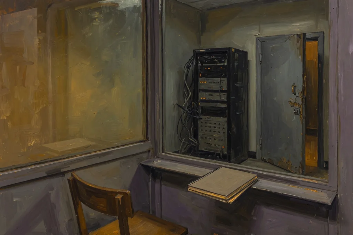 Peinture : une chaise et un cahier fermé devant une vitre, de l'autre côté un rack et une porte entrouverte.