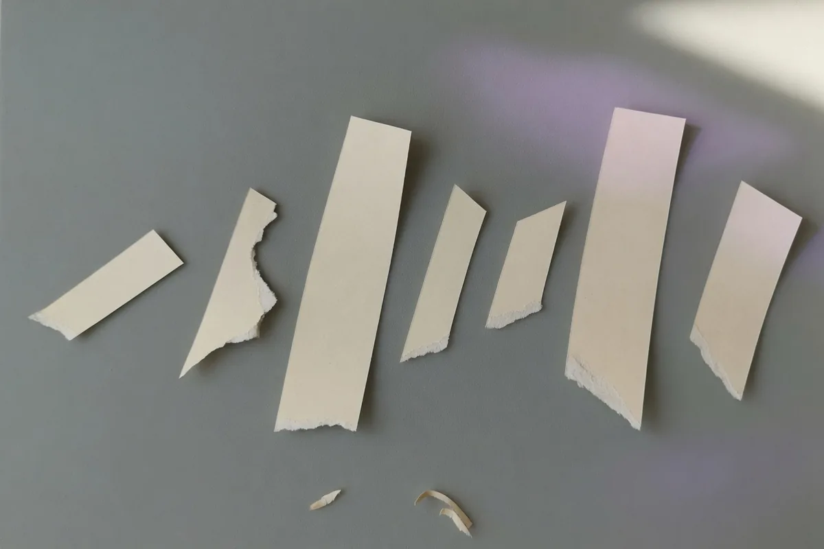 Des bandes de papier crème déchirées en morceaux inégaux, certaines très courtes, posées sur une surface grise.