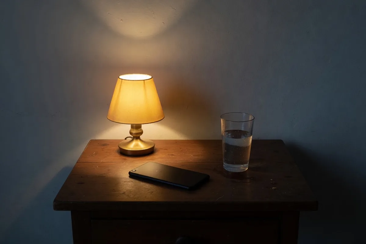 Le rituel du soir La nuit, une lampe allumée sur une table de chevet, un téléphone posé écran contre le bois, et un verre d'eau.
