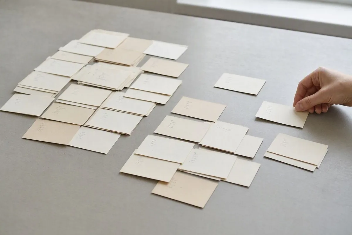 Une minorité concentre l'essentiel Vue de dessus d'une table de travail où des dizaines de fiches en papier sont réparties en trois groupes de tailles très inégales, une main en pose une de plus