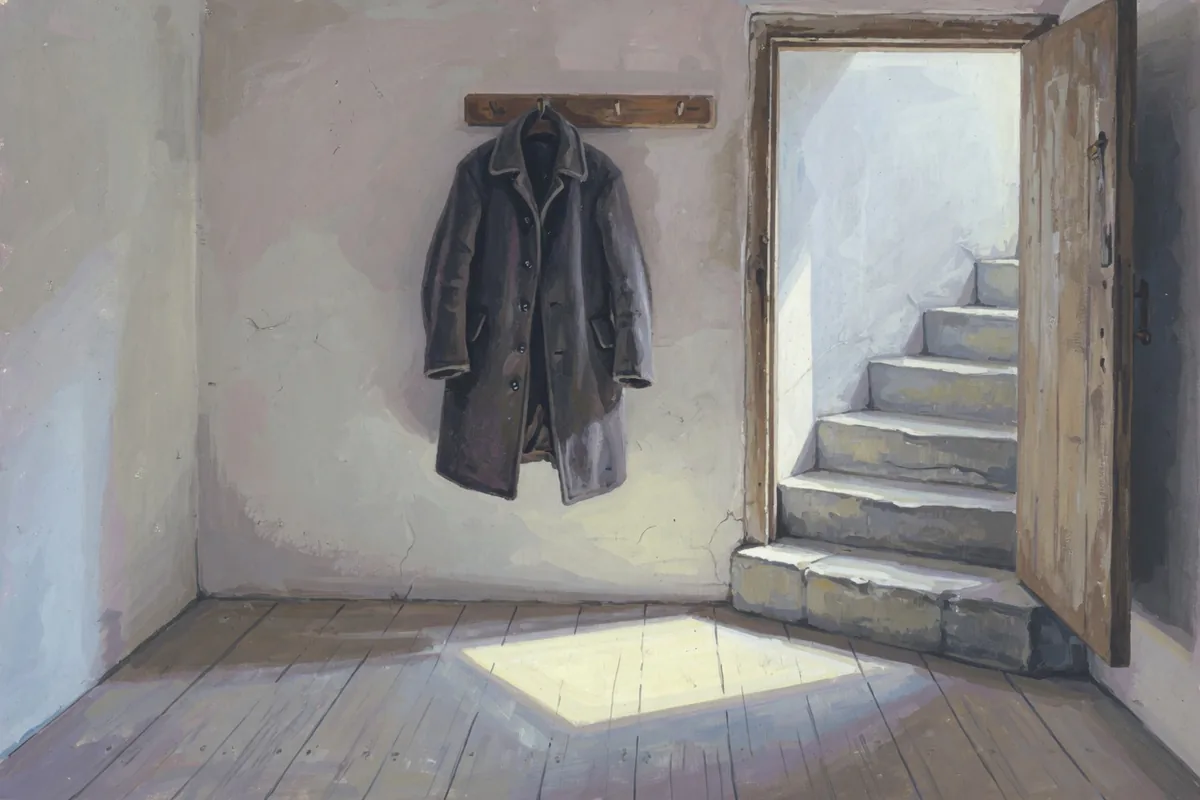 La sortie reste ouverte Gouache : un manteau de laine encore au portemanteau, la porte ouverte sur un escalier de pierre.
