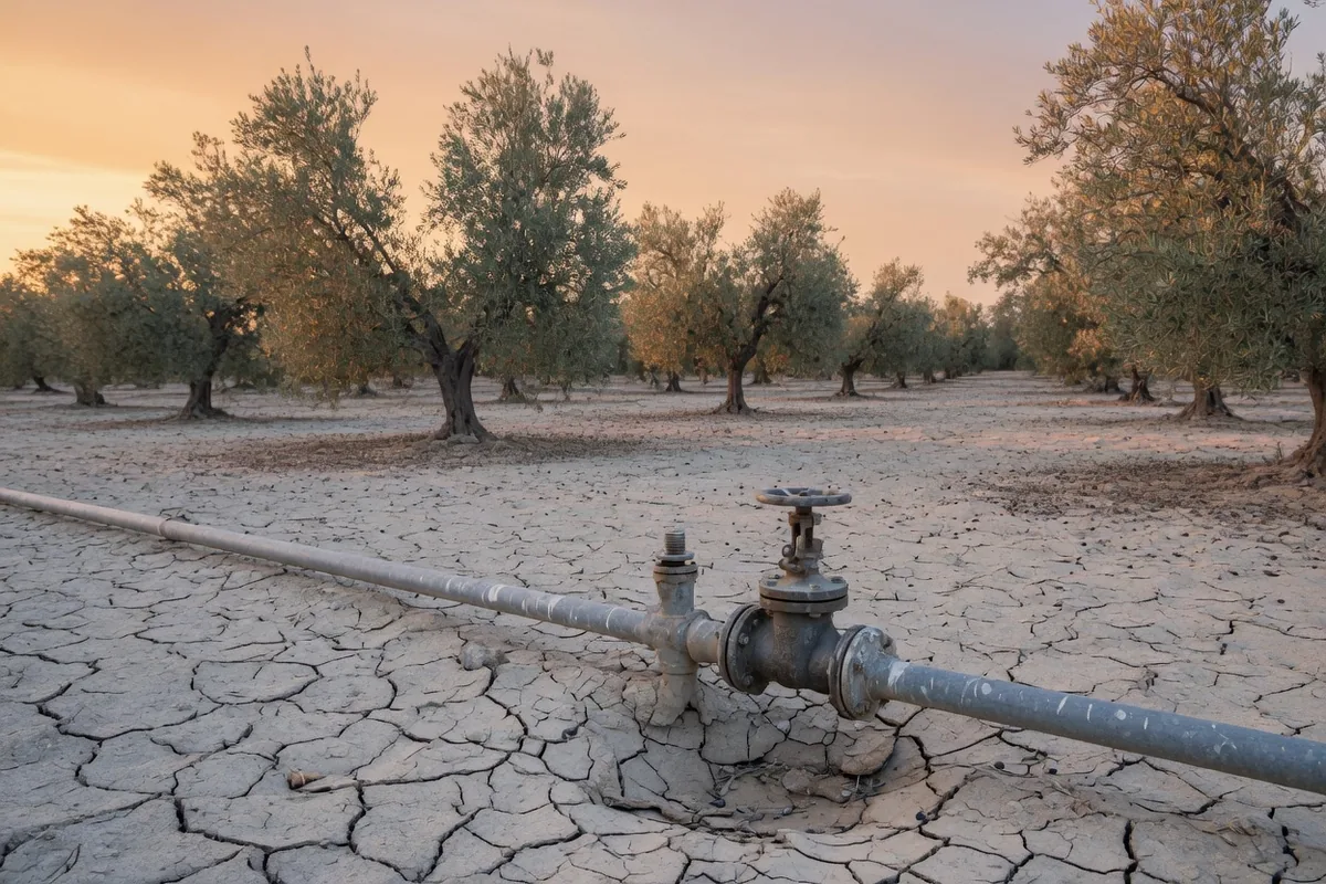 À l'aube, des oliviers sur une terre craquelée, et une vanne métallique sur un tuyau d'irrigation posé au sol.