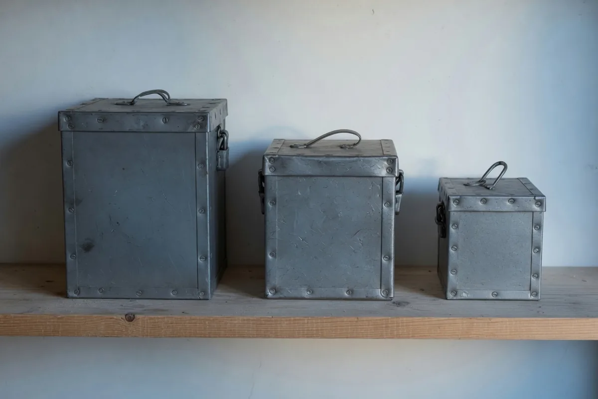 Trois boîtes d'acier fermées, de trois tailles, posées sur une étagère de bois, sans clé.