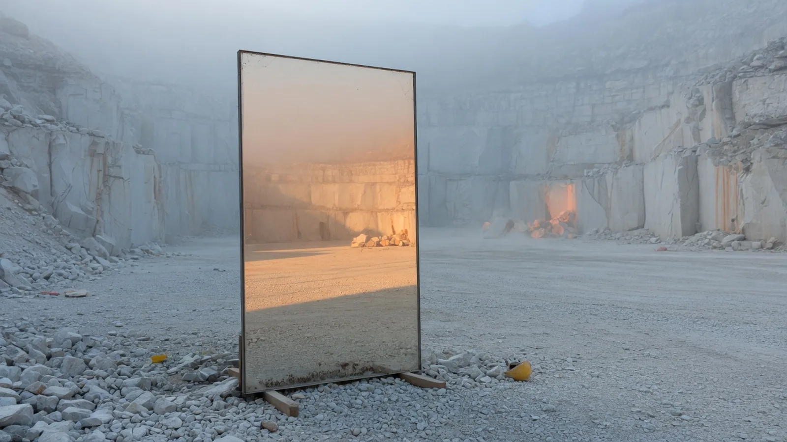 Dans une carrière de pierre noyée de brouillard, un miroir debout reflète le même lieu en plein soleil