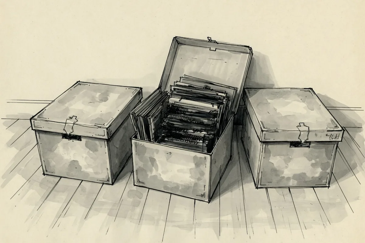 Les poids sont publics, le reste non Lavis : trois boîtes d'archives, celle du milieu ouverte sur un contenu illisible, les deux autres fermées.